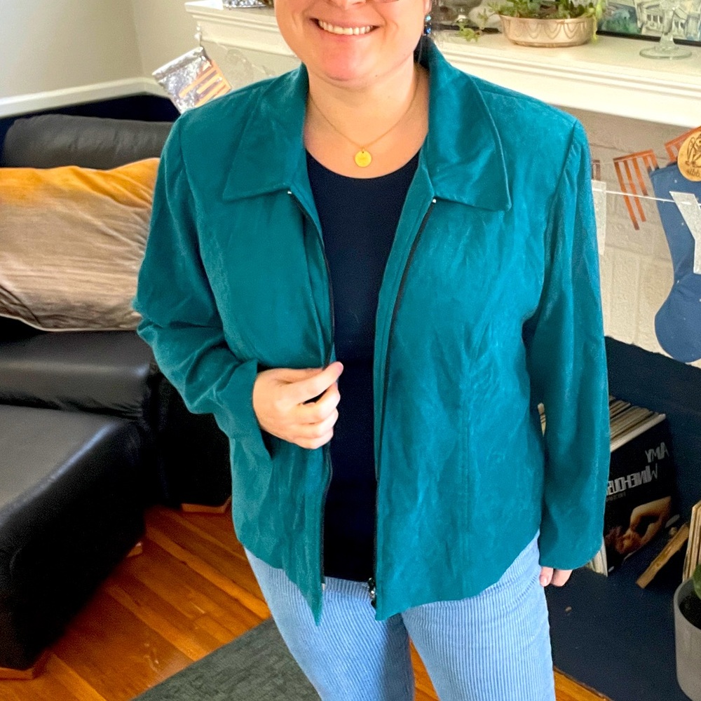 Vintage 90s Teal Sipper Bomber Blazer Sz 18